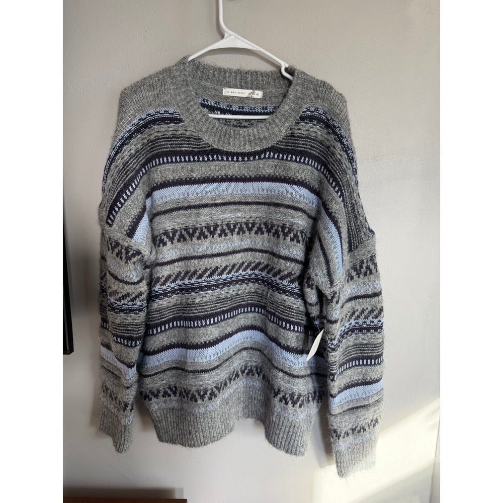 Altar'd State Grey Navy Blue Fair Isle Knit Crew Neck Sweater LS1064 Medium NWT